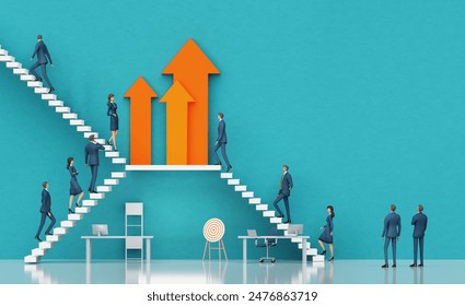 Successful business people walking up towards the arrows and graphs which shown positive growth, business concept illustration with multiple stair cases. 3D rendering - Powered by Shutterstock