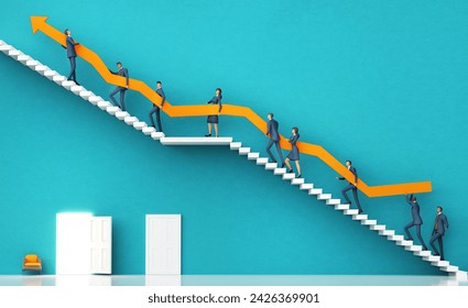 Successful business team caring big arrow up stairs. Business environment concept with stairs, representing career, growth, success, solution and achievement. 3D rendering  - Powered by Shutterstock