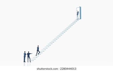 Successful businessman climbing up the stairs. Ladder of success. Open door for the new business opportunities 3D rendering illustration	 - Powered by Shutterstock