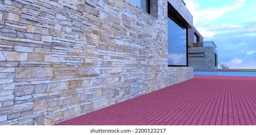 A Successful Combination Of Old Yellow Slate Wall Decoration And Red Brick Pavers Flooring. Looks Fresh And Tasteful. Do Not Be Ashamed To Invite Friends Over. 3d Render.