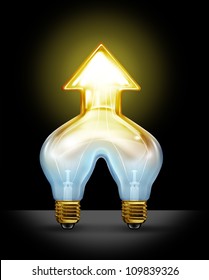 Successful Creative Partnership And Corporate Merger Of Ideas As Two Light Bulbs Coming Together To Form A Unified Business Force As A Glowing Light In The Shape Of An Arrow Going Up.