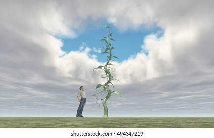 Successful Farmer Looking Up To His Big  Beanstalk Growing Up To The Sky And Creates A Hole In The Clouds. This Is A 3d Render Illustration
