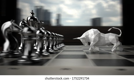 Successful Investment Strategy, The Bull Statue On The Chess Board. 3d Illustration.