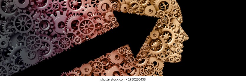 Successful Mindset Growth Thinking As A Business Success Development And Corporate Training Made Of Gears And Cog Wheels As A 3D Render On A Black Background.