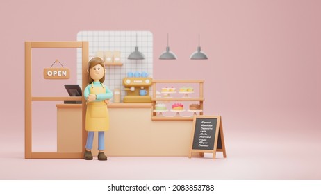 Successful owner small business cakes and coffee shop cafe young woman happy smiling wearing apron standing in bar counter open sign board. 3d rendering. - Powered by Shutterstock