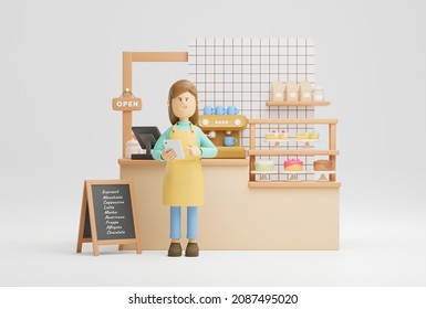 Successful owner small business cakes and coffee shop cafe young woman happy smiling wearing apron standing in bar counter open sign board. 3d rendering. - Powered by Shutterstock