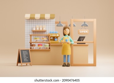 Successful owner small business cakes and coffee shop cafe young woman happy smiling wearing apron standing in bar counter open sign board. 3d rendering. - Powered by Shutterstock