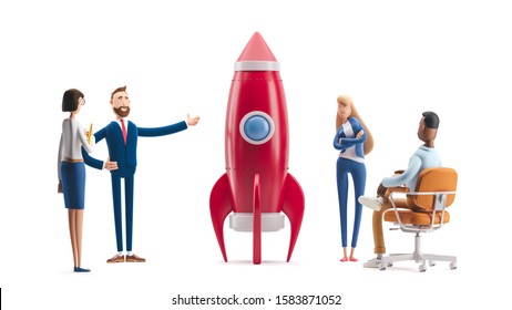 Successful Startup Rocket. 3d Illustration.  Cartoon Characters. Team Developing An Innovative Product.