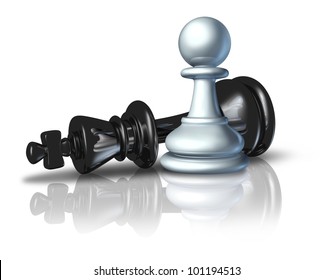 Successful Strategy And A Winning Business Plan Symbol Represented By A Pawn Defeating The Chess King As An Icon Of David And Goliath Concept On A White Background.