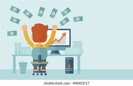 Successful Young Businessman Happy Falling The Money While Sitting Infront Of His Computer With The Graph Showing The Arrow Going Up Increasing In Sales. Business Growth Concept. A Contemporary Style