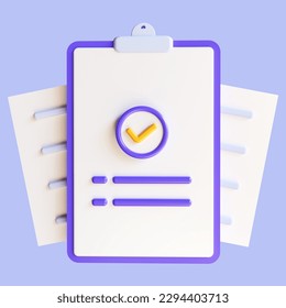 Successfully complete business assignments. Check icons. approve symbol and quality guarantee certificate. Document agreeing and signing offer. checkmarks and papers. 3D rendering - Powered by Shutterstock