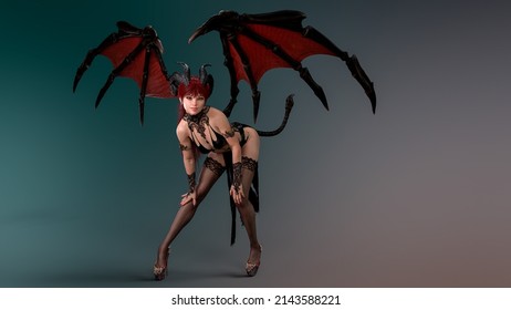 succubus demoness is leaning lower and smiling tenderly. 3D rendering