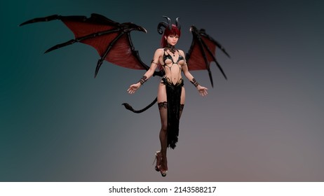 succubus demoness is quietly floating in the air with outstretched wings. 3D rendering