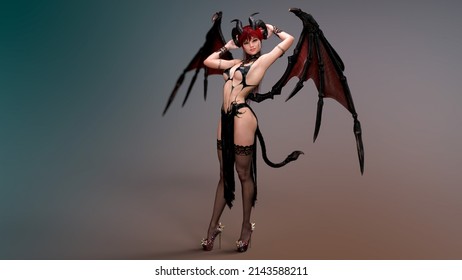 succubus demoness is showing off her horns with pleasure. 3D rendering