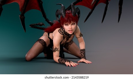 succubus demoness is slowly crawling up exposing a couple of small fangs. 3D rendering