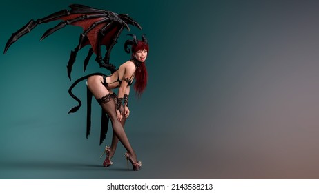 succubus demoness is standing in a depraved pose and winking. 3D rendering