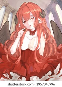 A succubus girl in a red dress holds a chocolate in her hand, which says "Love"
