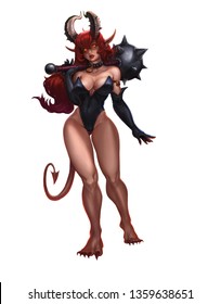 Succubus sexy in saber carnival box and gloves realistic illustration isolated. Demon girl with mace. Redhead girl with weapon.