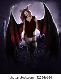 succubus with wing, beautiful woman, halloween demon. digital painting poster