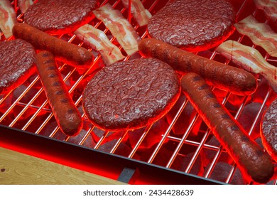 A succulent array of beef burgers, juicy hot dogs, and crispy bacon sizzle on a charcoal grill, with smoke wafting from the glowing embers during a vibrant summer cookout. - Powered by Shutterstock