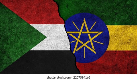 Sudan And Ethiopia Flag Together On A Textured Wall. Relations Between Ethiopia And Sudan