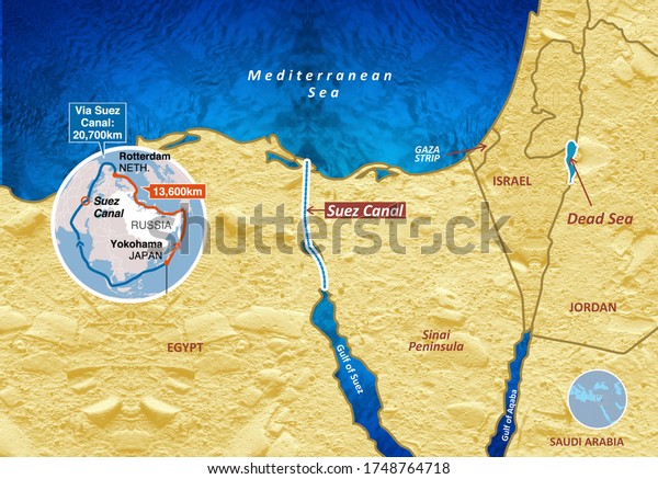 地中海と紅海の地図を結ぶスエズ運河水路 3dイラスト のイラスト素材