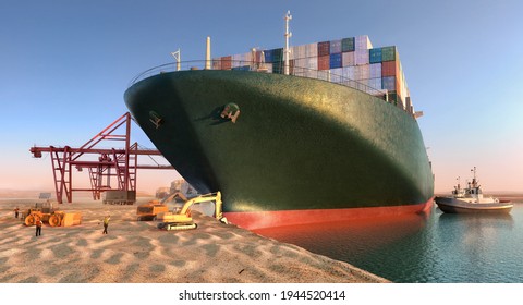 Suez Waterway Blockage. Effort To Refloat Wedged Container Cargo Ship. Cargo Vessels Maritime Traffic Jam Grows In Suez Canal. Ever Given Grounding And Stuck In Suez Canal Trade Artery 3D Illustration