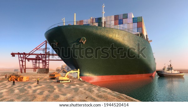 Suez waterway blockage. Effort to refloat\
wedged container cargo ship. Cargo vessels maritime traffic jam\
grows in Suez canal. Ever given grounding and stuck in Suez Canal\
trade artery 3D\
illustration