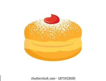 Sufganiyah round jelly doughnut with powdered sugar illustration. Hanukkah donut icon. Hanukkah jelly doughnut icon isolated on a white background. Traditional donut with jam and icing sugar clip art