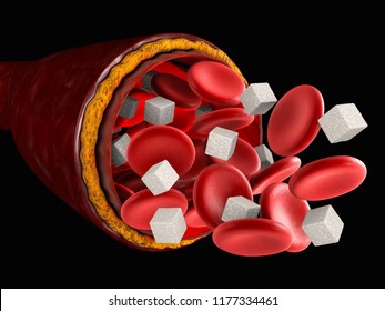 Sugar in the blood. blood cell with cube of sugar, 3d Illustration