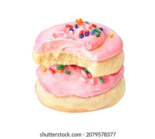 Sugar Cookies With Pink Frosted And Sprinkles Watercolor Illustration Isolated On White Background