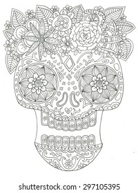 Sugar Skull Day Of The Dead Halloween Line Art Coloring Page Illustration