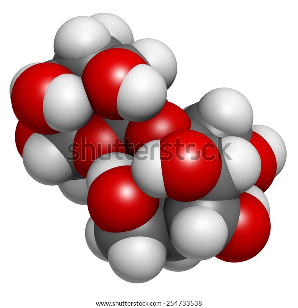 Sugar (sucrose,\
saccharose) molecule, chemical structure. Atoms are represented as\
spheres with conventional color coding: hydrogen (white), carbon\
(grey), oxygen\
(red)