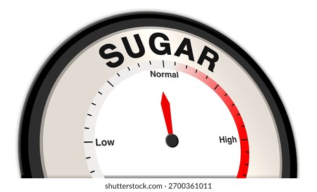 Sugar Text or Word Level Normal displayed on a digital barometer or tachometer, symbolizing optimal glucose concentration, stable energy provision, and perfect metabolic control status