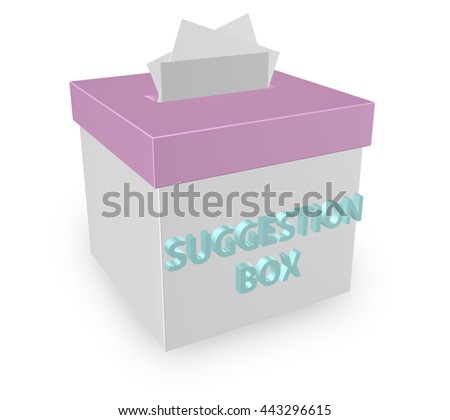 suggestion box with notes of paper stuffed into its slot offering feedback. "3d illustration"