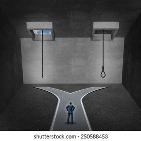 Suicide Concept As A Person Facing A Difficult Psychological Dilemma Between A Rope With A Noose Or A Life Line As A Metaphor For A Mental Disorder Suffering Due To Depression Or Chemical Imbalance.