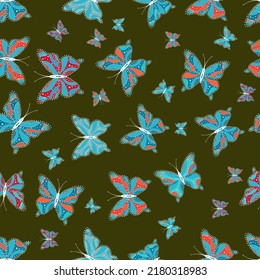 Suitable for fabric  paper  packaging  Spring   summer tropical butterfly seamless pattern in blue  green   white colors  Butterfly shadows   silhouettes 