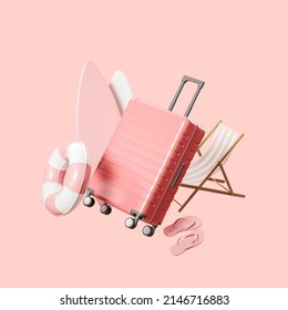 Suitcase and beach accessories floating. Summer vacation, holiday trip and essential items on light pink background. Concept of relax and chill. 3D rendering - Powered by Shutterstock