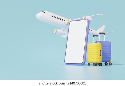 Suitcase And Flight Plane. Travel Online Booking Service On Mobile.Tourism Trip Planning World Tour, Leisure Touring Holiday Summer Concept. Banner, 3d Render Illustration