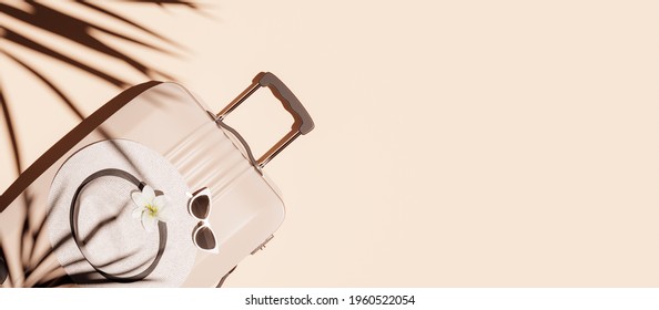 Suitcase with hat and sunglasses on beige background. Ready for summer travel 3D Rendering, 3D Illustration - Powered by Shutterstock