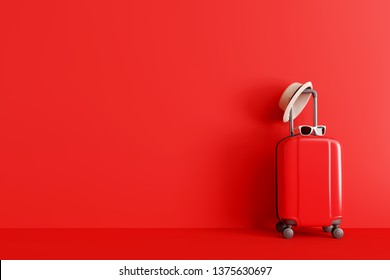 Suitcase with hat and sunglasses on red background. travel concept. minimal style. 3d rendering
