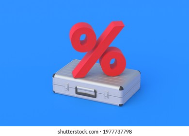 Suitcase near symbol of percent. Investment income, dividends. Cashback from purchases on the Internet. Interest rates for loans, deposits. Budget allocation. 3d render