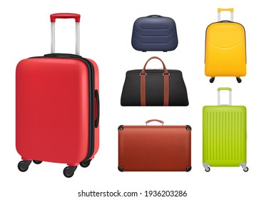 Suitcase realistic. Luggage tourists fashioned colored objects bags for travellers