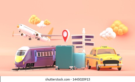 Suitcase surrounded by taxis, electric trains and planes on a pink background.-3d rendering.