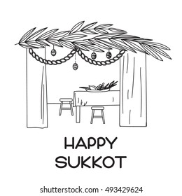 Sukkah With Table, Food And Sukkot Symbols. Happy Sukkot In Hebrew. 