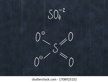 Sulfate Ion Formula.
 Handwritten Chemical Formula On Blackboard. Illustration White Background Of A Black School Board. Skeletal Formula. Education, School Materials, Chemistry Lesson.