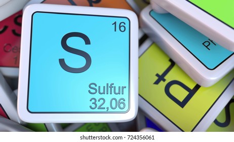 Sulfur Block On The Pile Of Periodic Table Of The Chemical Elements Blocks. Chemistry Related 3D Rendering