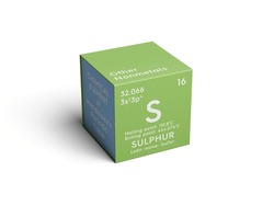 Sulphur. Sulfur. Other Nonmetals. Chemical Element Of Mendeleev's Periodic Table. Sulphur In Square Cube Creative Concept. 3D Illustration.