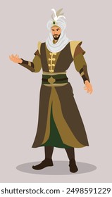 The Sultan character vector, crafted by a skilled illustrator, embodies the essence of opulence and regal authority. Adorned in a lavish, intricately detailed robe, the Sultan exudes grandeur.