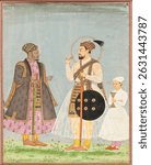 Sultan Muhammad Adil Shah of Bijapur (r. 1627-1656) and his African Prime Minister Ikhlas Khan (d. 1656) (recto); Calligraphy (verso). Vintage artwork, vintage art illustration.